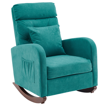 69*95*99cm High Back With Headrest Square Lumbar Pillow Side Bag Flannel Solid Wood Indoor Rocking Chair Emerald green