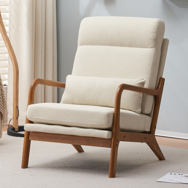 High Back Solid Wood Armrest Backrest Iron Frame Linen Indoor Leisure Chair Off-White