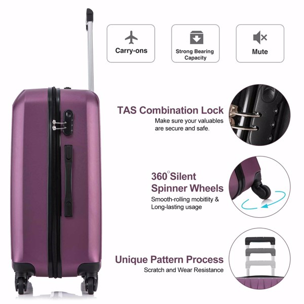 4 Piece Set Luggage Sets Suitcase ABS Hardshell Lightweight Spinner Wheels (16/20/24/28 inch) Purple