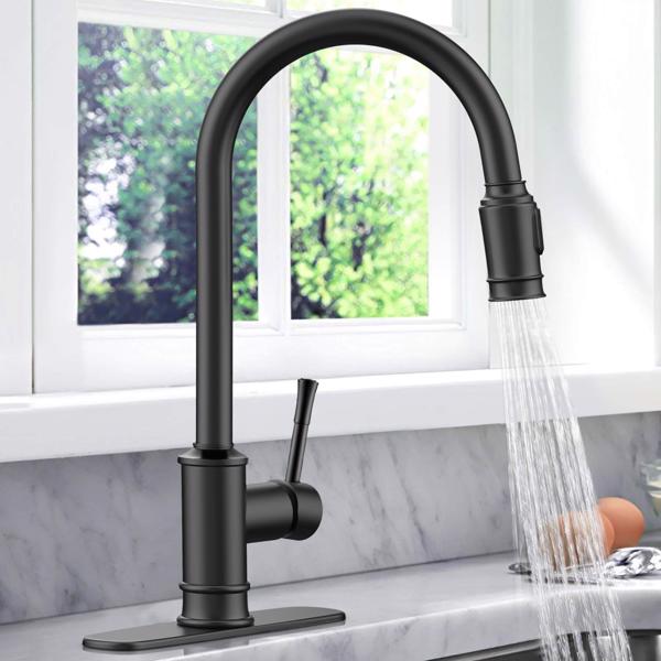 Kitchen Faucet- 3 Modes Pull Down Sprayer Kitchen Tap Faucet Head, Single Handle&Deck Plate for 1or3 Holes, 360° Rotation, Stainless Steel No Lead for RV Bar Home, Black[Unable to ship on weekends, pl