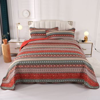 Striped Classical Cotton 3-Piece Patchwork Bedspread Quilt Sets, Queen Size
