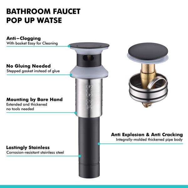 水槽排水塞浴室1.75英寸，带溢流防堵塞的弹出式排水不锈钢，用于容器水槽盥洗室盥洗盆排水，带滤网篮，哑光黑色-2