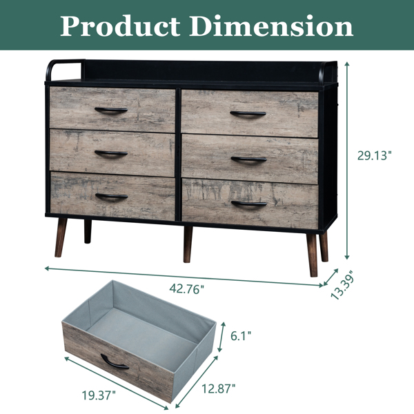 Drawer Dresser 6 Drawers Storage Dresser with Fabric Foldable Drawers, Gray and Black