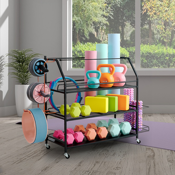 【DO NOT SELL ON AMAZON】Home Gym Storage Rack - Weight Rack for Dumbbells - Yoga Mat Storage Rack with Two Extra Side Storage Space - Garage Storage with Caster Wheels - Workout Equipment Organizer