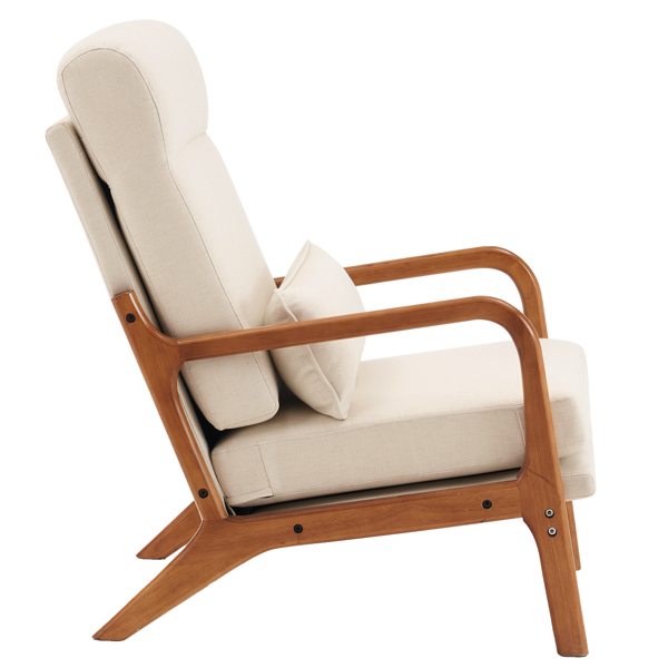 High Back Solid Wood Armrest Backrest Iron Frame Linen Indoor Leisure Chair Off-White