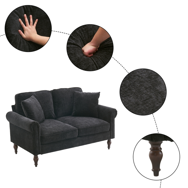 Solid Wood Gourd Foot Curved Armrest Indoor Two-Seater Sofa Black