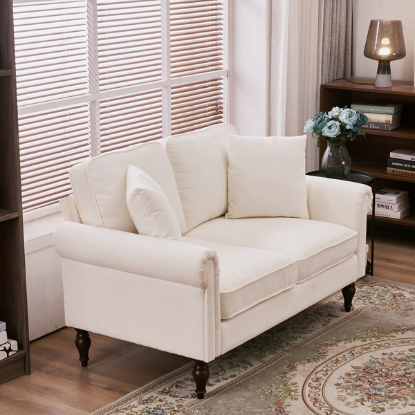 Solid Wood Gourd Foot Curved Armrest Indoor Two-Seater Sofa Creamy-White