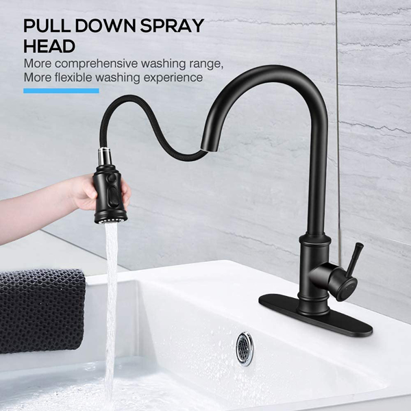 Kitchen Faucet- 3 Modes Pull Down Sprayer Kitchen Tap Faucet Head, Single Handle&Deck Plate for 1or3 Holes, 360° Rotation, Stainless Steel No Lead for RV Bar Home, Black[Unable to ship on weekends, pl