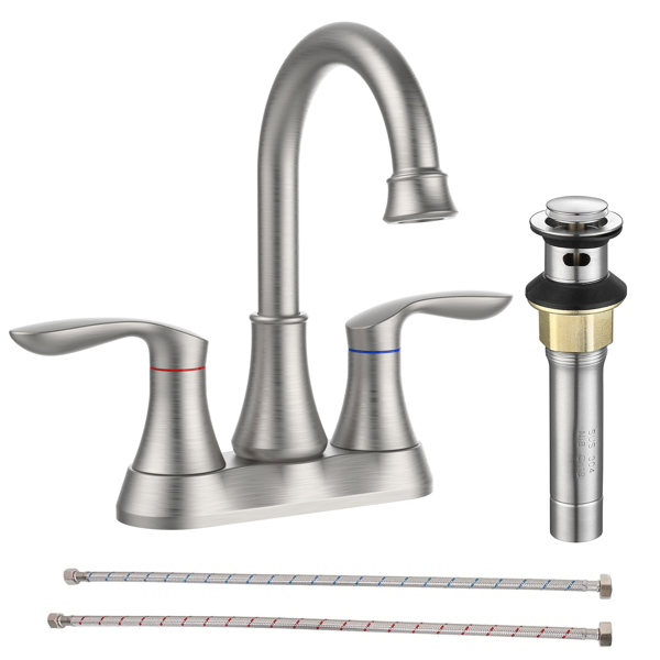 Bathroom Faucet Brushed Nickel with Pop-up Drain & Supply Hoses Two-Handle 360 Degree High Arc Swivel Spout Centerset 4 Inch Vanity Sink Faucet 4011B-NP[Unable to ship on weekends, please place orders