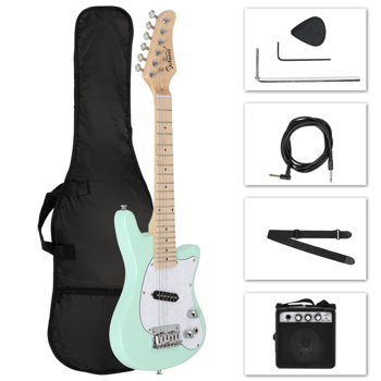 【Do Not Sell on Amazon】 30in Maple Fingerboard Mini Electric Guitar Kit with 5W Amplifier Bag String Shoulder Strap Plectrum Cord Wrench Tool Light Green