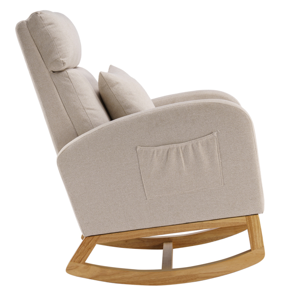 66*95*92cm High Back With Headrest Square Lumbar Pillow Side Bag Flannel Solid Wood Indoor Rocking Chair Beige