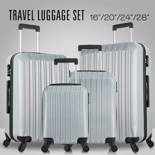 4 Piece Set Luggage Sets Suitcase ABS Hardshell Lightweight Spinner Wheels (16/20/24/28 inch) silver white