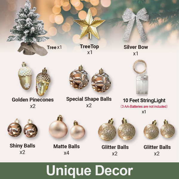 植绒金色圣诞树带LED灯 24英寸 带精美装饰品-5