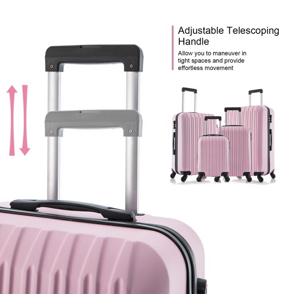 5 Piece Set Luggage Sets Suitcase ABS Hardshell Lightweight Spinner Wheels (16/20/24/28 inch) Pink