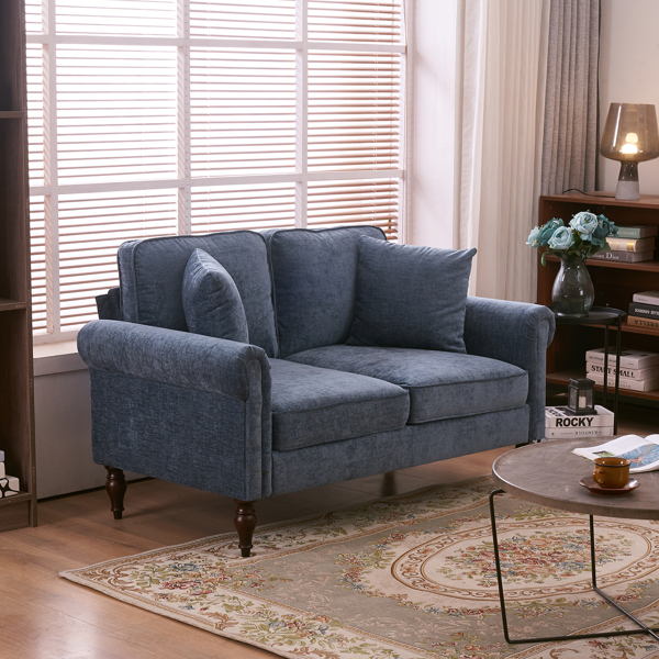 Solid Wood Gourd Foot Curved Armrest Indoor Two-Seater Sofa Gray-Blue