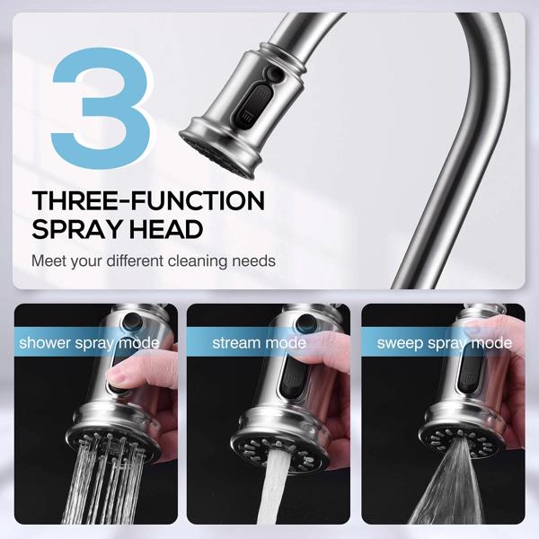 Kitchen Faucet- 3 Modes Pull Down Sprayer Kitchen Sink Faucet, Brushed Nickel Kitchen Faucet Single Handle, 1or3 Holes with Deck Plate, 100% Lead-Free for RV/House[Unable to ship on weekends, please p