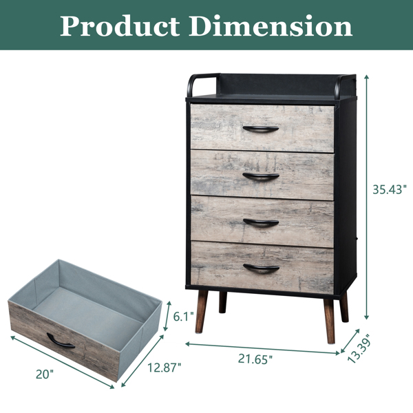 [FCH] Drawer Dresser 4 Drawers Storage Dresser with Fabric Foldable Drawers, Wood and Black