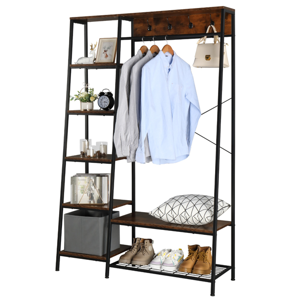 Entryway Hall Trees with Hooks, Storage Shelves and Shoes Bench, Freestanding Closet Organizer Clothes Rack with Coat Rack, Closet Garments Shelf for Hallway, Bedroom-Black  Vingtage Walnut