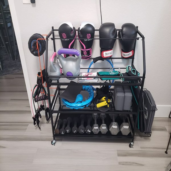 【DO NOT SELL ON AMAZON】Home Gym Storage Rack - Weight Rack for Dumbbells - Yoga Mat Storage Rack with Two Extra Side Storage Space - Garage Storage with Caster Wheels - Workout Equipment Organizer