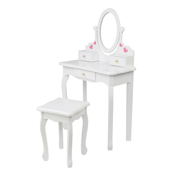 Children's Wooden Dressing Table Reversible Round Mirror Dressing Table Chair Three Drawers White Love Style