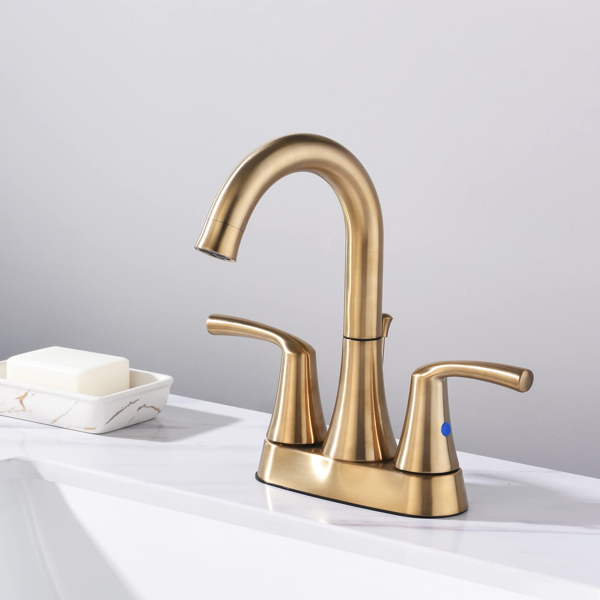 2 Handle Bathroom Faucet, 4 Inch Bathroom Sink Faucet Centerset with Pop-up Drain Stopper and Supply Hoses, RV Bathroom Faucet 2 Holes, Bathroom Faucet, Gold