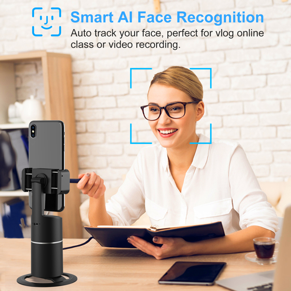 Auto Face Tracking Tripod, No App Required, 360° Rotation Face Body Phone Camera Mount Smart Shooting Phone Tracking Holder for Live Vlog Streaming Video, Rechargeable Battery-Black