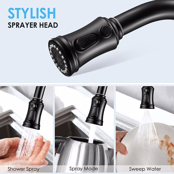 Kitchen Faucet- 3 Modes Pull Down Sprayer Kitchen Tap Faucet Head, Single Handle&Deck Plate for 1or3 Holes, 360° Rotation, Stainless Steel No Lead for RV Bar Home, Black[Unable to ship on weekends, pl