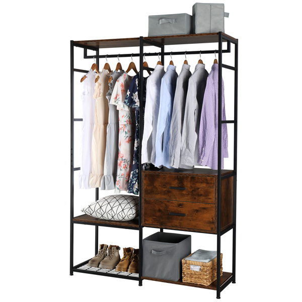 Independent Wardrobe Manager, Hanger, Multiple Storage Racks And Drawers, Heavy Metal Closet Storage Rack For Bedroom -Black  Vingtage Walnut