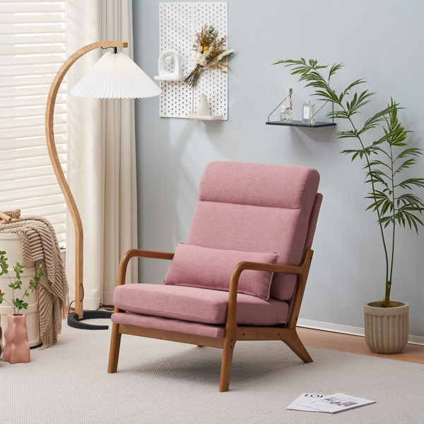 High Back Solid Wood Armrest Backrest Iron Frame Linen Indoor Leisure Chair Pink