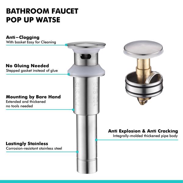 水槽排水塞浴室1.75英寸，带溢流防堵塞的弹出式排水不锈钢，用于容器水槽盥洗室盥洗盆排水，带滤网篮，拉丝镍。-2