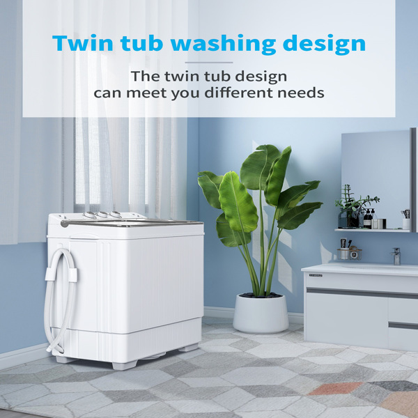 Twin Tub with Built-in Drain Pump XPB65-2168S 26Lbs Semi-automatic Twin Tube Washing Machine for Apartment, Dorms, RVs, Camping and More, White & Grey US Standard