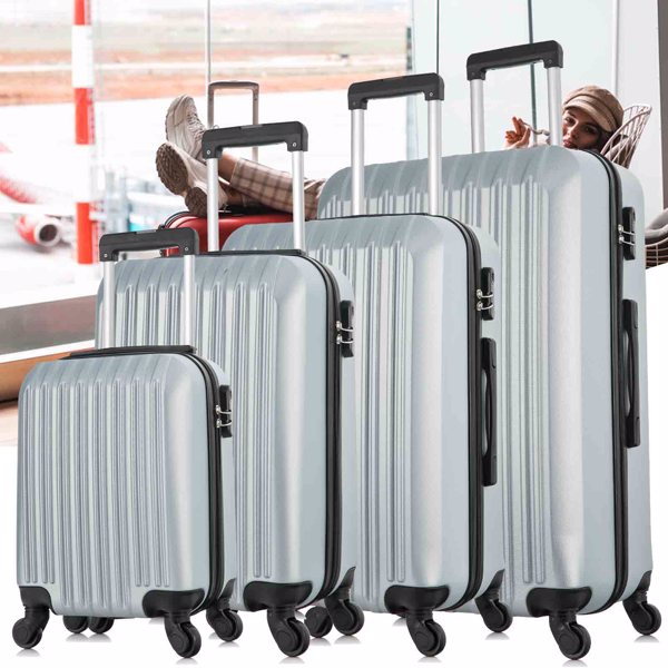 4 Piece Set Luggage Sets Suitcase ABS Hardshell Lightweight Spinner Wheels (16/20/24/28 inch) silver white