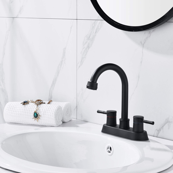 Bathroom Faucet with Pop-Up Sink Drain, Matte Black Bathroom Sink Faucet 3-Hole Stainless Steel High Arc, Supply Utility Hose for Laundry Vanity Sink Faucet 2 Handle with Overflow