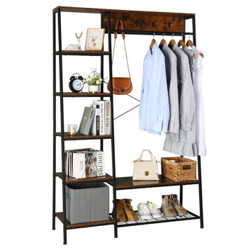 Entryway Hall Trees with Hooks, Storage Shelves and Shoes Bench, Freestanding Closet Organizer Clothes Rack with Coat Rack, Closet Garments Shelf for Hallway, Bedroom-Black  Vingtage Walnut