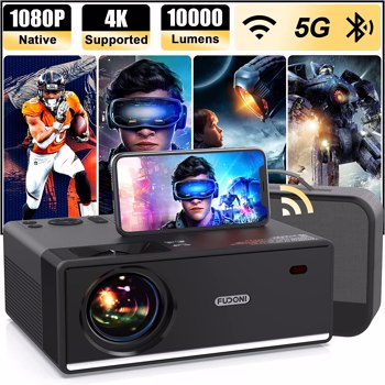 Projector with WiFi and Bluetooth, Projector 4K Support Native 1080P Projector, 5G WiFi FUDONI Outdoor Projector with 350 ANSI Max 300\\" Display, Movie Projector Compatible w/iOS/Android/Win/PS5, Black