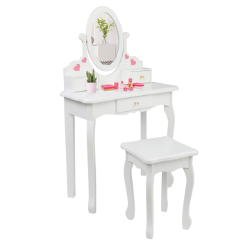 Children\\'s Wooden Dressing Table Reversible Round Mirror Dressing Table Chair Three Drawers White Love Style