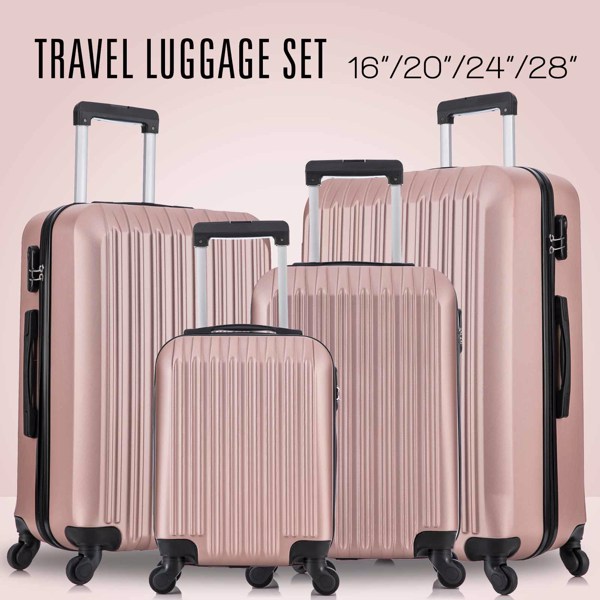 4 Piece Set Luggage Sets Suitcase ABS Hardshell Lightweight Spinner Wheels Rose Gold