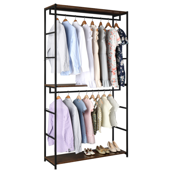 87.4 inches Double Rod Closet Organizer, Freestanding Tall 3 Tiers Shelves Clothes Garment Racks, Large Heavy Duty Clothing Storage Shelving Unit for Bedroom Laundry Room -Black  Vingtage Walnut
