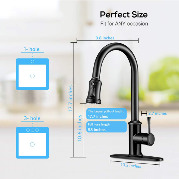 Kitchen Faucet- 3 Modes Pull Down Sprayer Kitchen Tap Faucet Head, Single Handle&Deck Plate for 1or3 Holes, 360° Rotation, Stainless Steel No Lead for RV Bar Home, Black[Unable to ship on weekends, pl