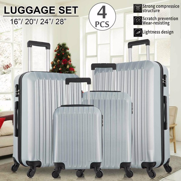 4 Piece Set Luggage Sets Suitcase ABS Hardshell Lightweight Spinner Wheels (16/20/24/28 inch) silver white