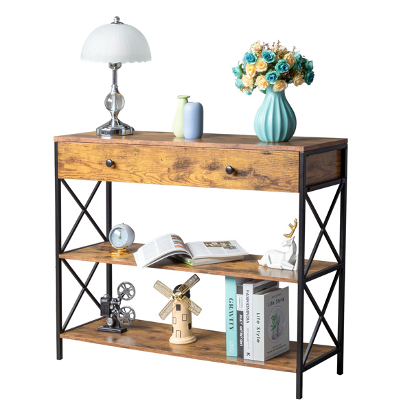 3 Tier Console Table for Entryway with Drawer and 2 Open Storage, Industrial Sofa Table with Storage for Living Room, Narrow Console Table with X Design, Sturdy and Durable