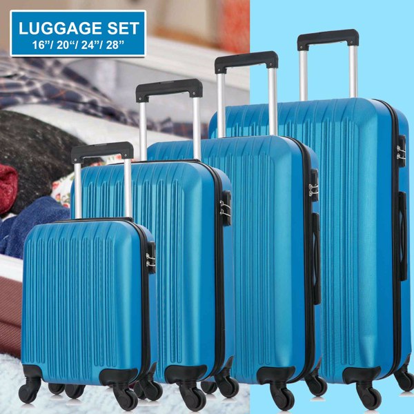 4 Piece Set Luggage Sets Suitcase ABS Hardshell Lightweight Spinner Wheels (16/20/24/28 inch) Blue