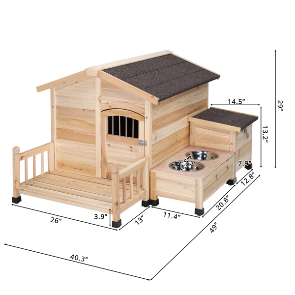 HOBBYZOO Wooden outdoor dog house Pet House shelter Cabin style，Asphalt roof waterproof，With porch, Feeding bowl, Storage box,natural
