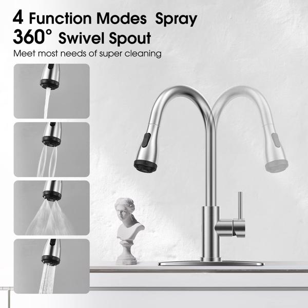 Touchless Kitchen Faucet-Smart Kitchen Sink Faucet sensor, 4Mode Pull Down Kitchen Sprayer, Fingerprint Resistant, Dual Temp. Handle with 1/3 Hole Deck Plate, Stainless Steel, Brushed Nickel[Unable to