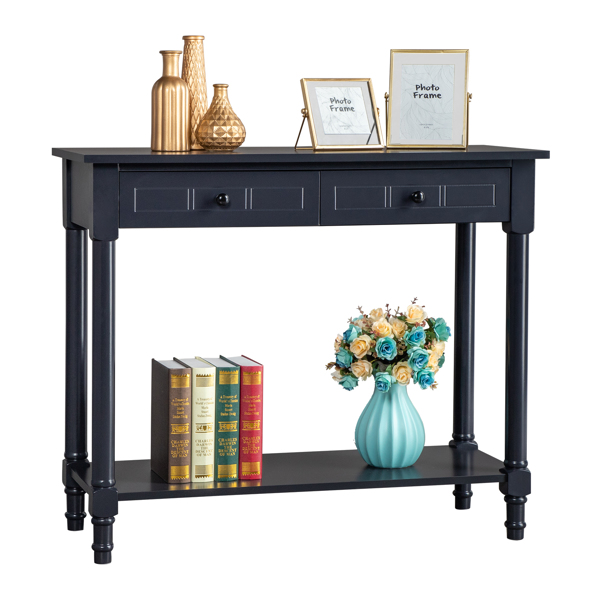 2-Tier Console Table with 2 Drawers， Console Tables for Entryway, Sofa Table with Storage Shelves, Entryway Table Behind Sofa Couch, for Living Room, Kitchen, Navy Blue/Black