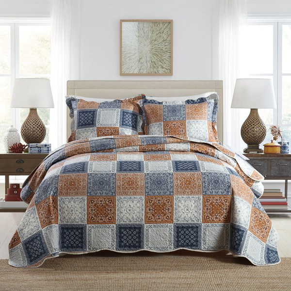 Qucover Quilts King Size 3-Piece Reversible Grey Brown Patchwork Quilt Bedspread with Shams, Soft Microfiber Coverlets Quilt Bedding Sets, 98x106 Inch