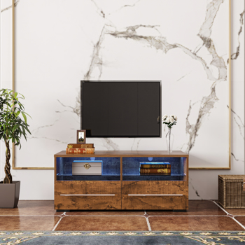 The walnut color TV cabinet has two drawers with color-changing light strips