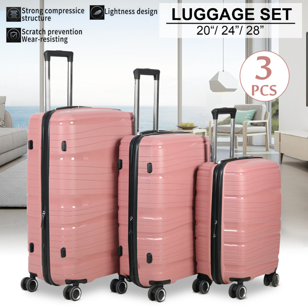 3 Piece Set Travel Luggage Hard shell Suitcase PP material Super light Anti-scratch Luggage set with Spinner Wheels(20/24/28 inch) Rose gold
