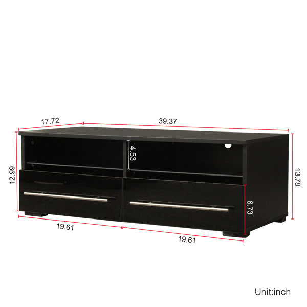 The black TV cabinet has two drawers with color-changing light strips