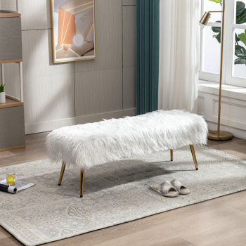 Faux Fur Plush Ottoman Bench, Modern Fluffy Upholstered Bench for Entryway Dining Room Living Room Bedroom, White